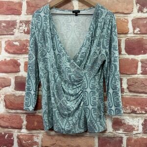 Talbots Top Women's Large Boho Floral Surplice Wrap Stretchy Casual Shirt